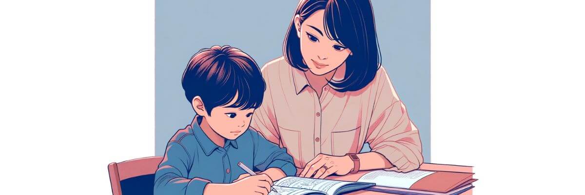 子供に勉強を教えるワーママの画像